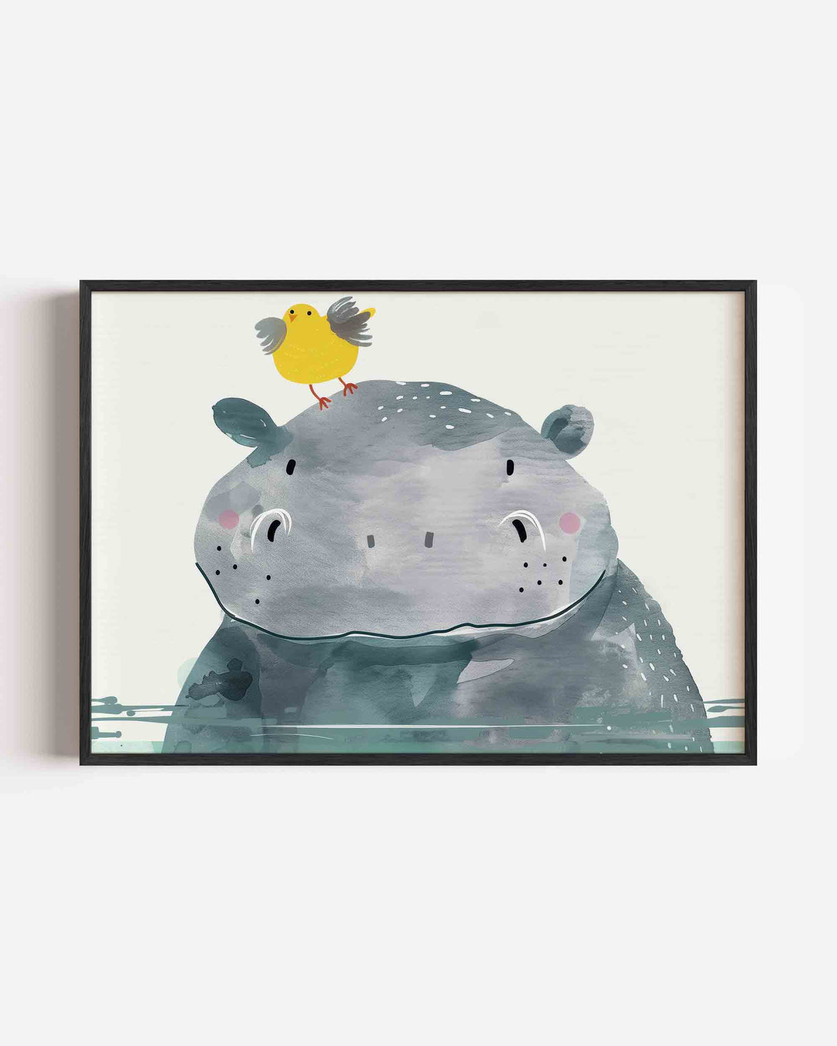 Nijlpaard met vogel – landscape kinderposter als wanddecoratie