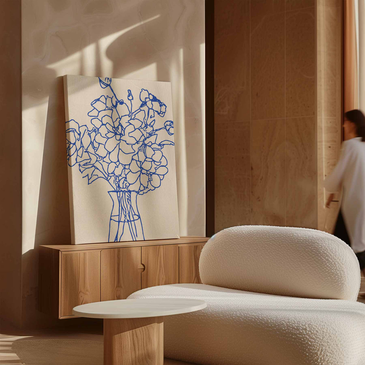 Elegante Blauwe Bloemenlijn – canvas wanddecoratie in portret formaat