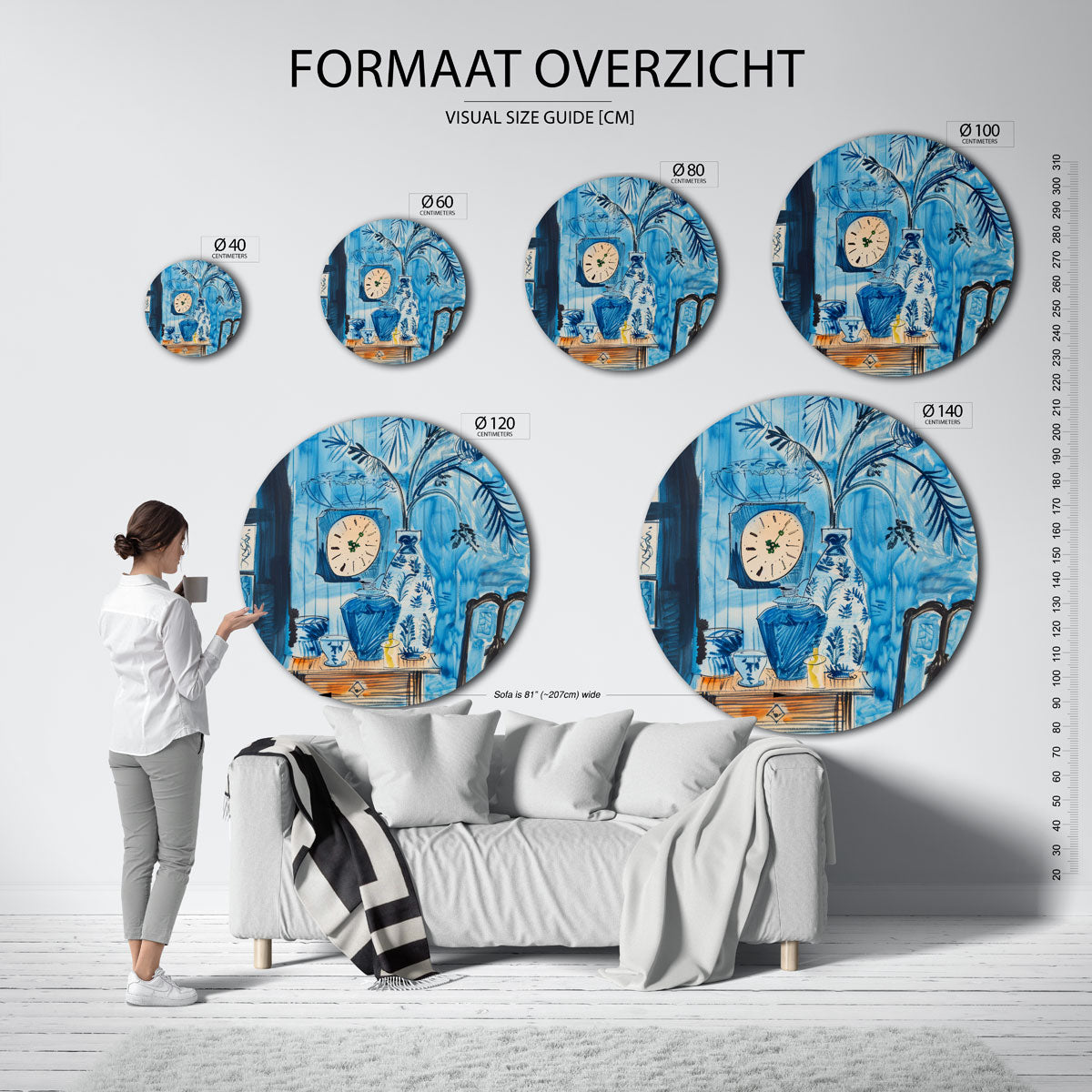 Blauwe interieur – abstracte wandkunst met textuur als muurcirkel