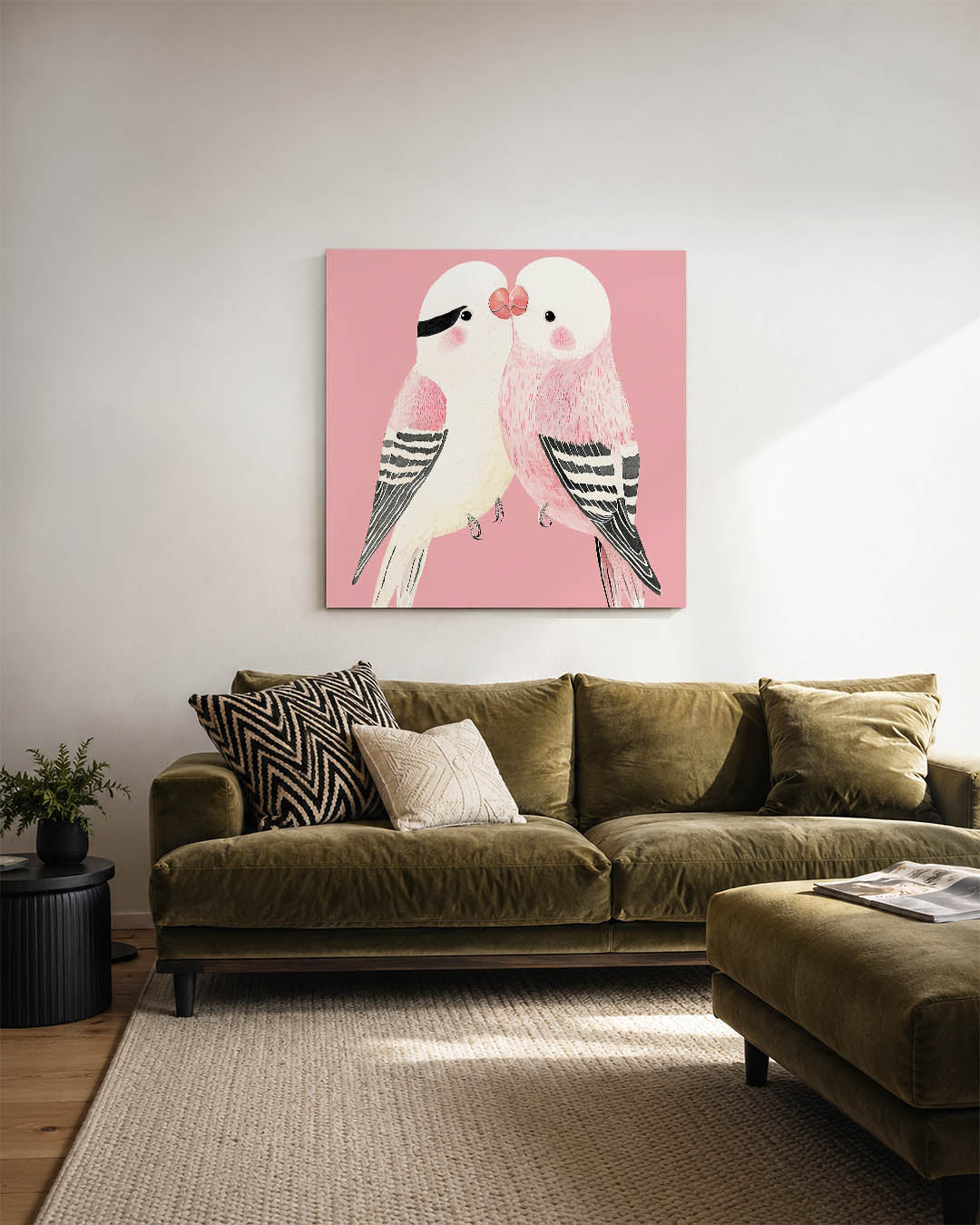 Liefdevolle vogels kunstwerk – sfeerbeeld – twee vogels tegen een roze achtergrond, met zachte lijnen en subtiele details.