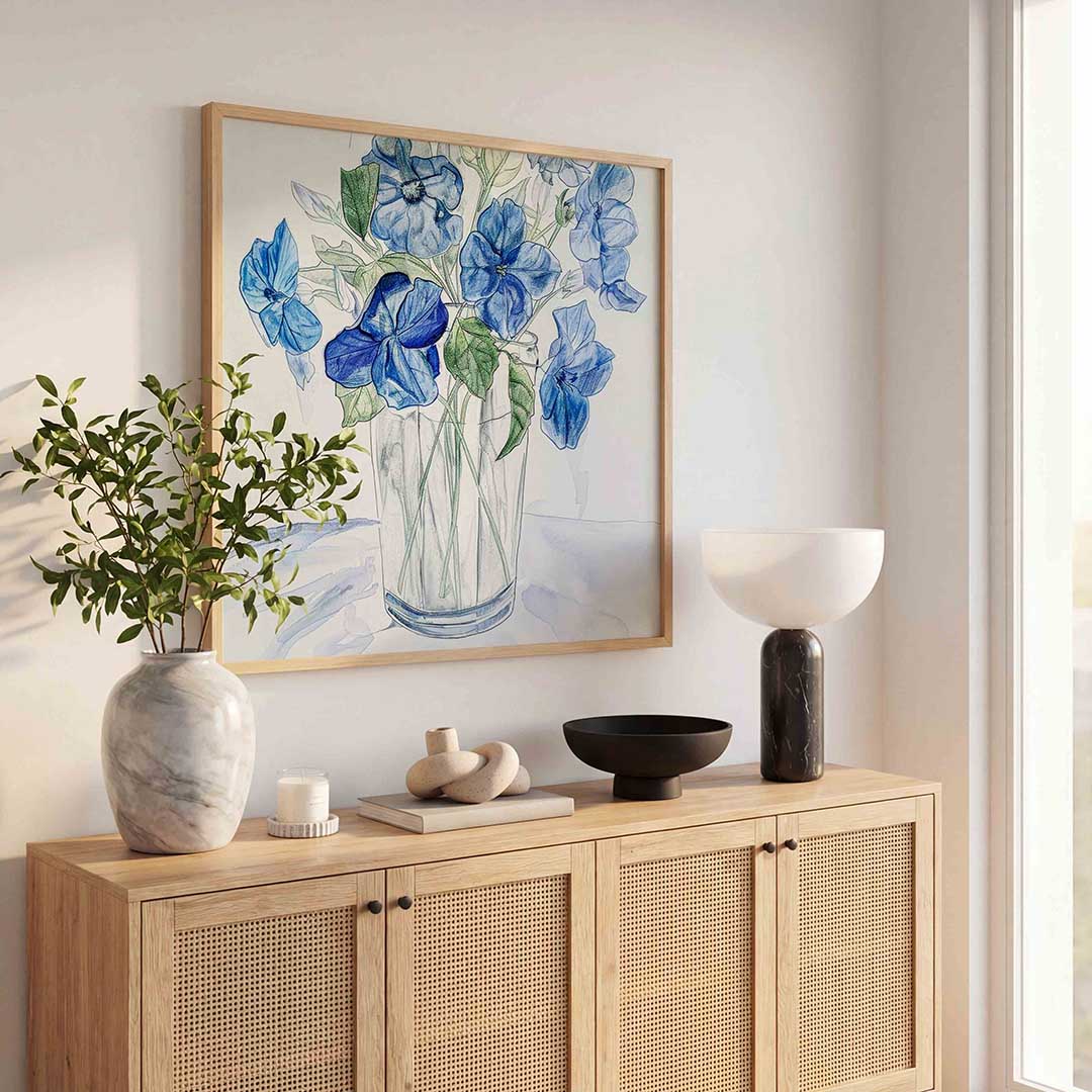 Blauwe bloemen in vaas – illustratie poster in vierkant formaat