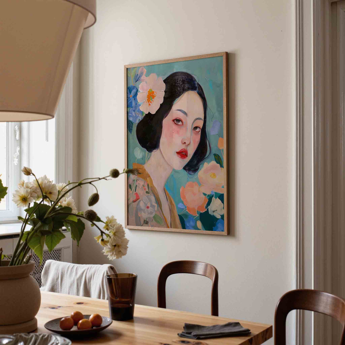 Vrouw met bloemen – eigentijdse illustratie poster in staand formaat