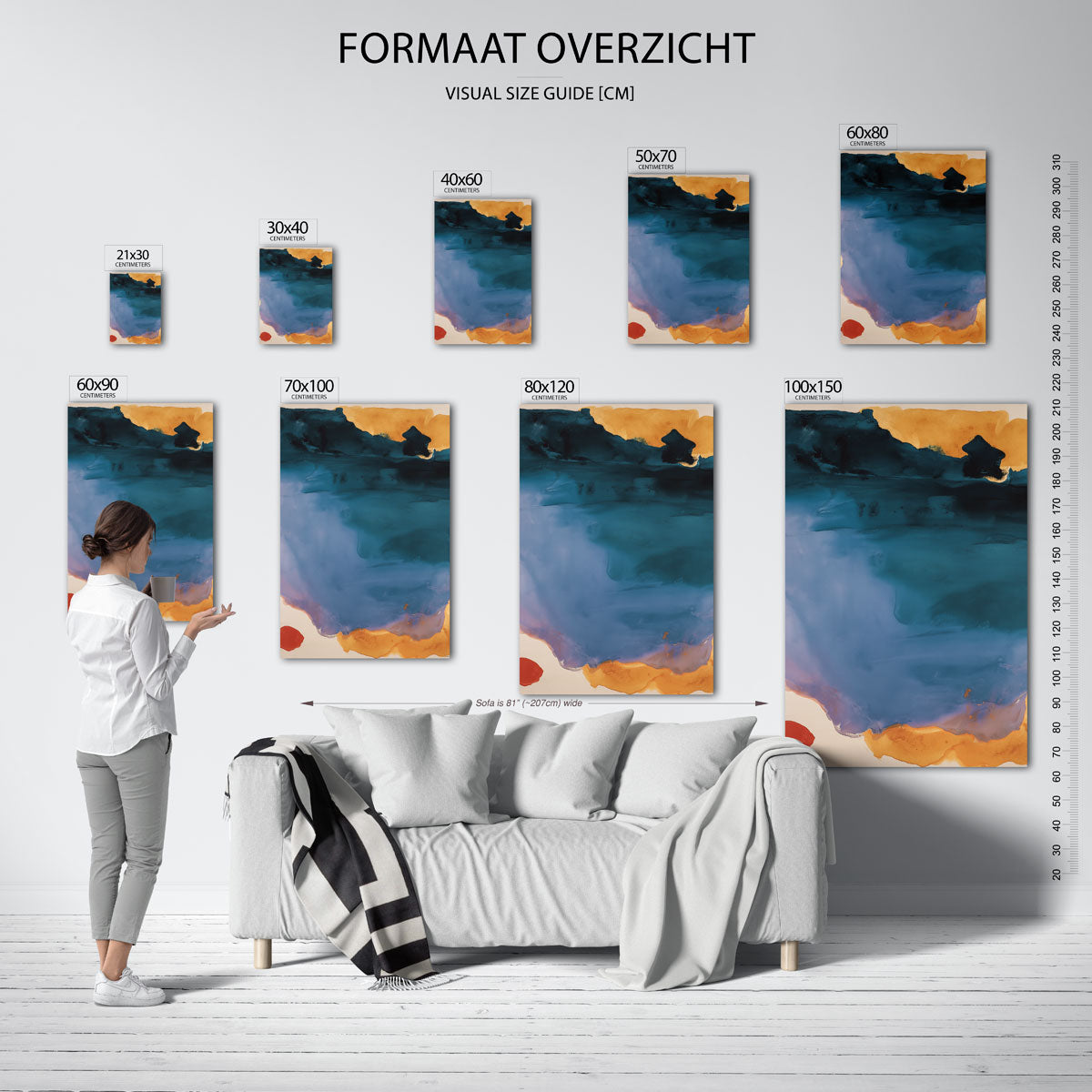 Blauw en oranje abstracte – staande muurposter met hedendaagse illustratie