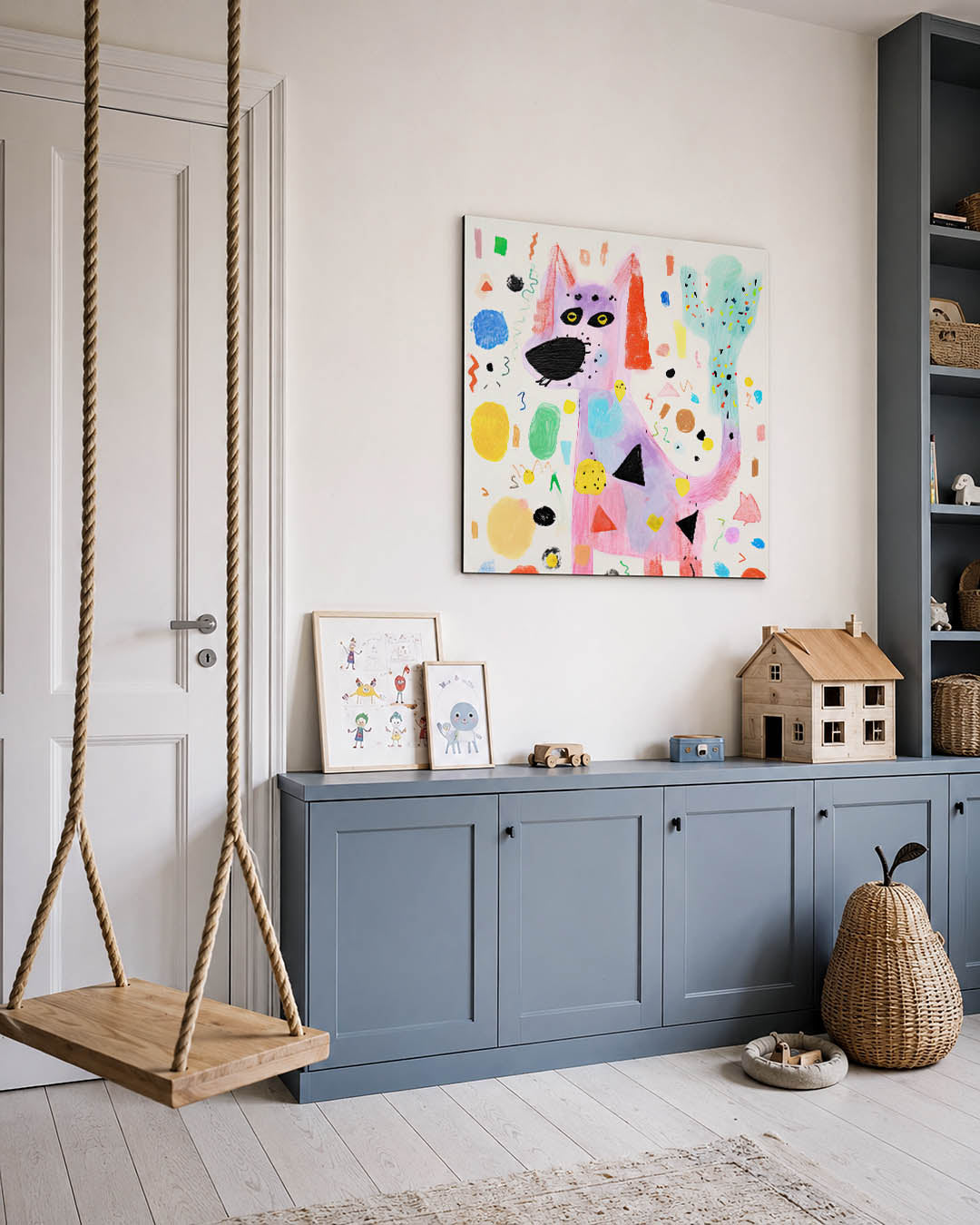 Speelse dierenfantasie kunstwerk – vierkante wanddecoratie – dit kunstwerk toont een kleurrijke, speelse compositie met een