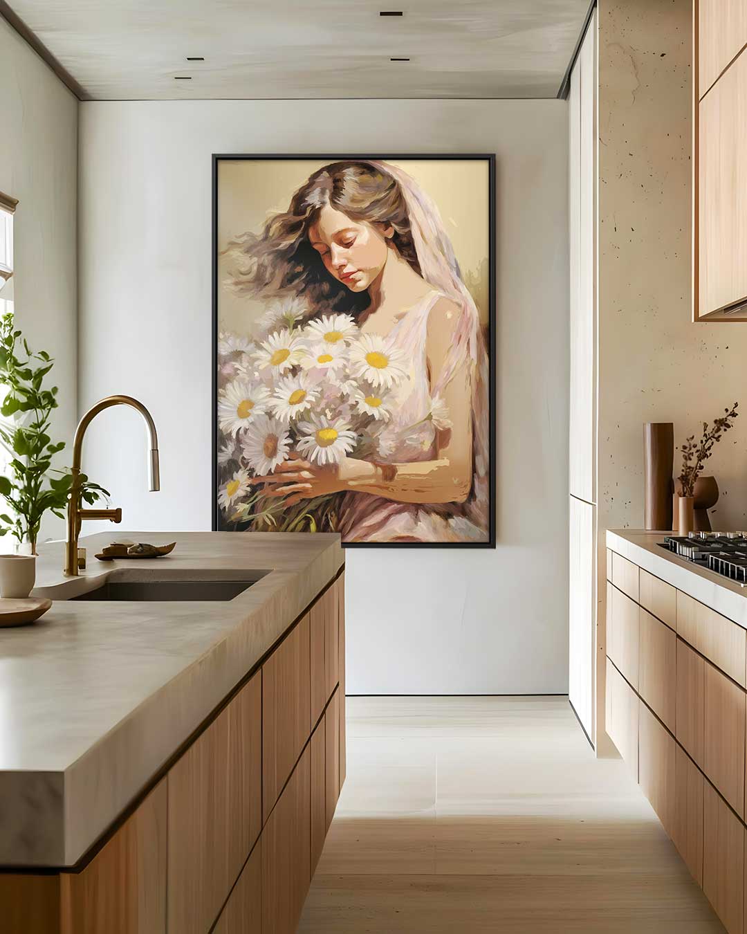 Vrouw met Madeliefjes – kunstwerk met zwarte baklijst