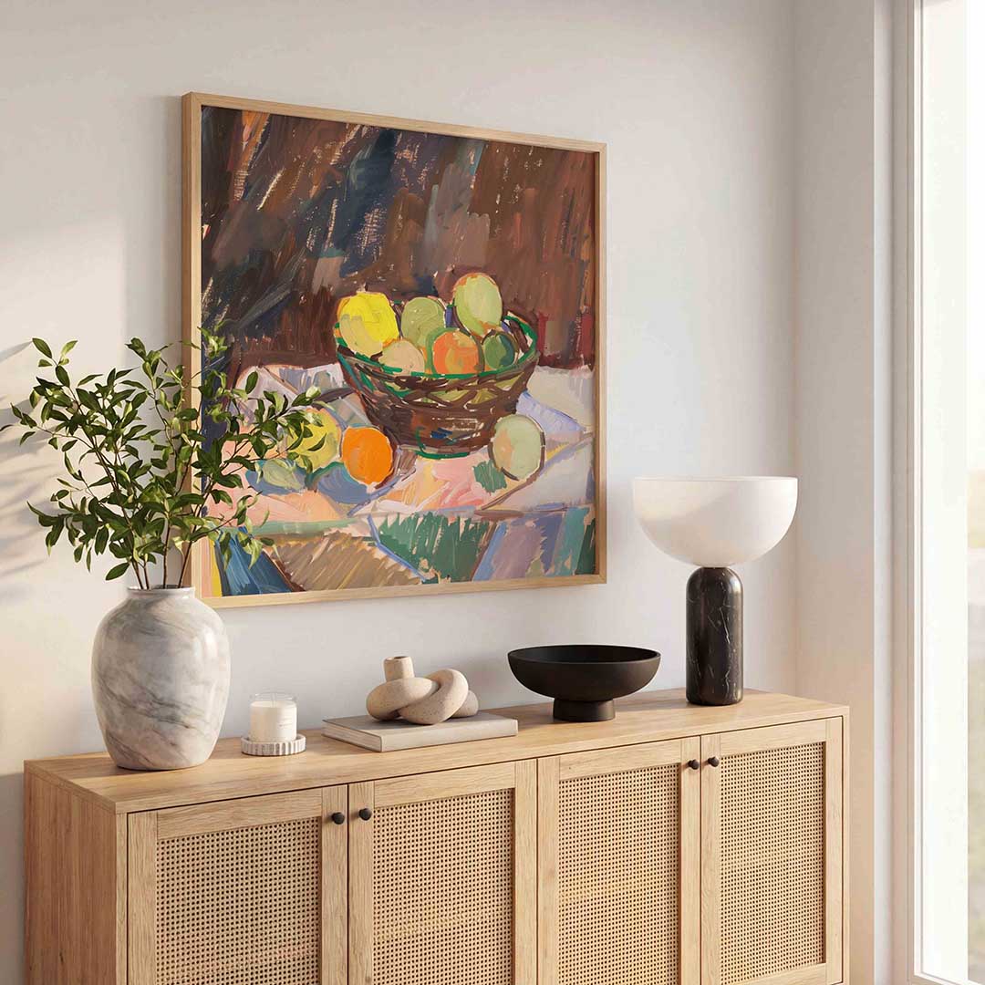 Mand met fruit – kunst en design poster in vierkant formaat