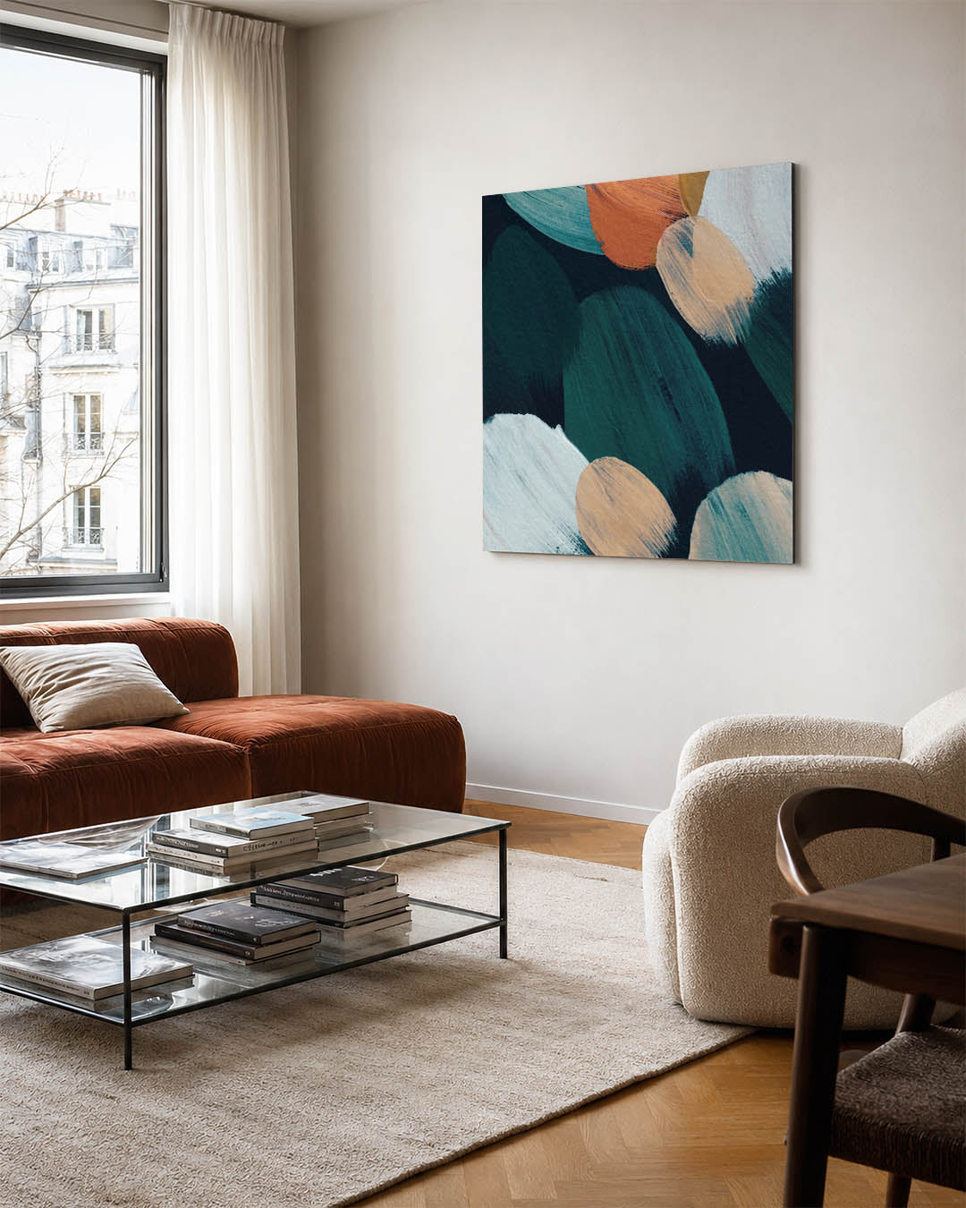 Kleurencompositie kunstwerk – vierkante wanddecoratie – dit werk toont een levendige mix van vloeiende penseelstreken in