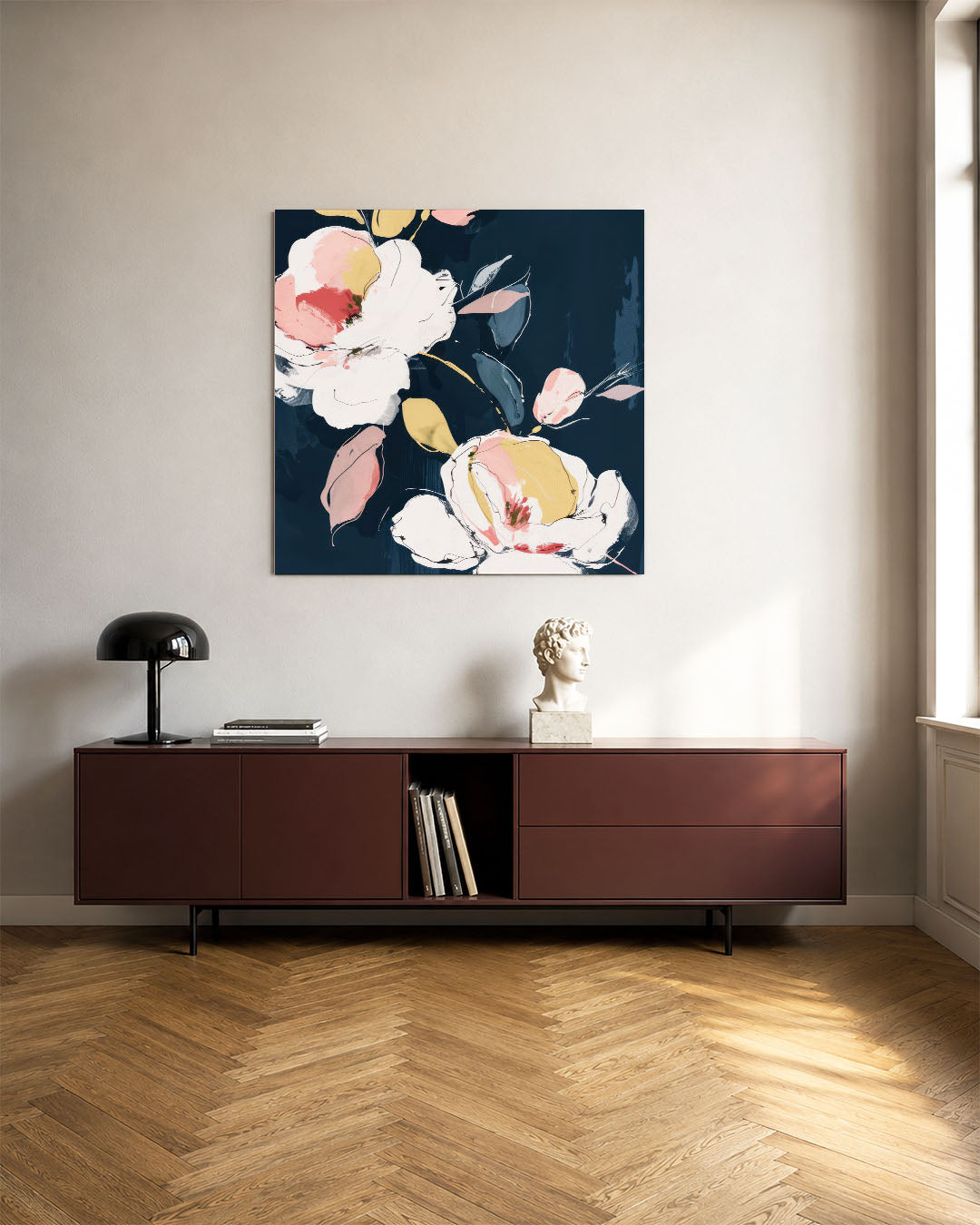 Bloemmotief op donkere achtergrond kunstwerk – tweede productweergave – dit werk toont delicate bloemen in zachte tinten
