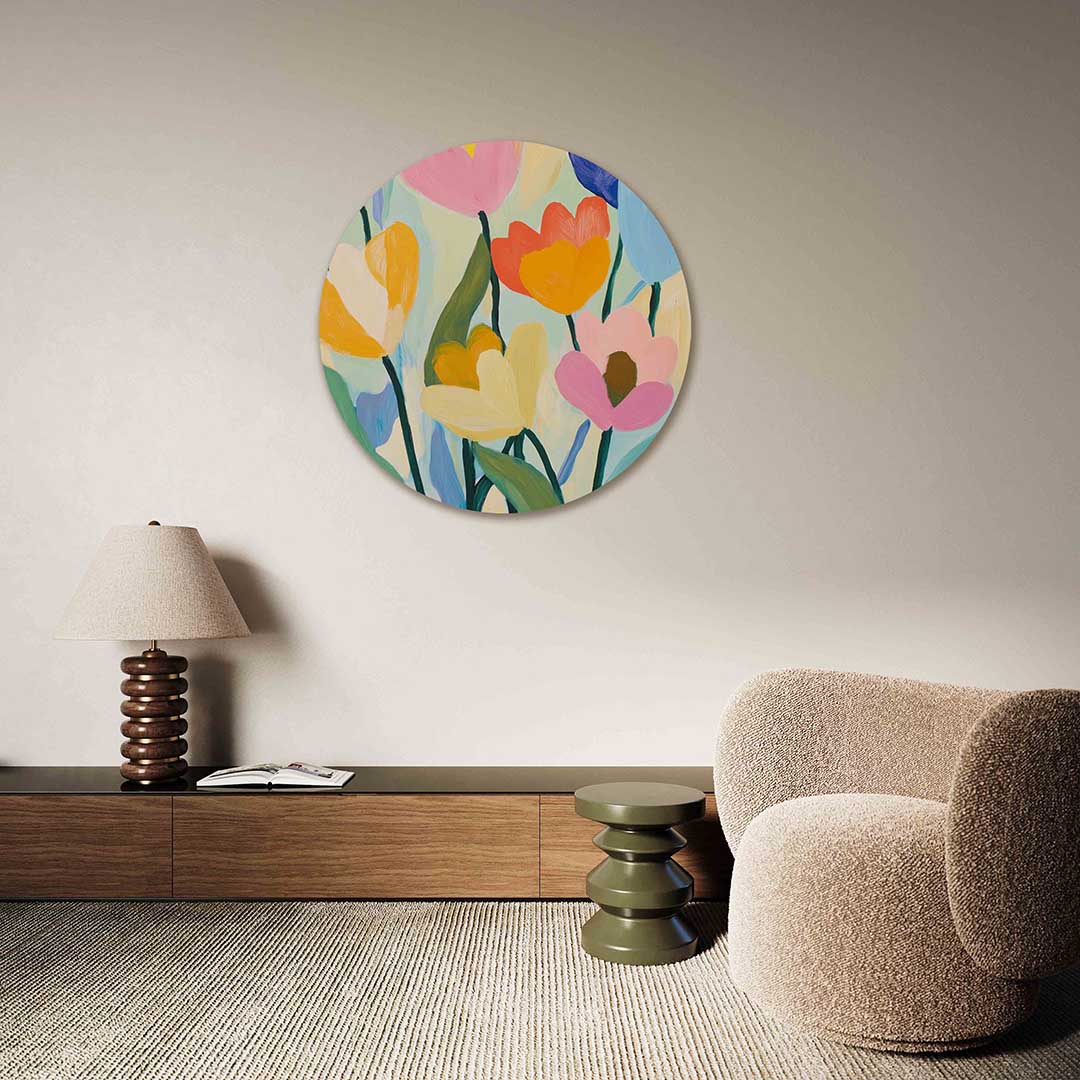 Bloemen in zachte tinten – abstracte muurcirkel als ronde wanddecoratie
