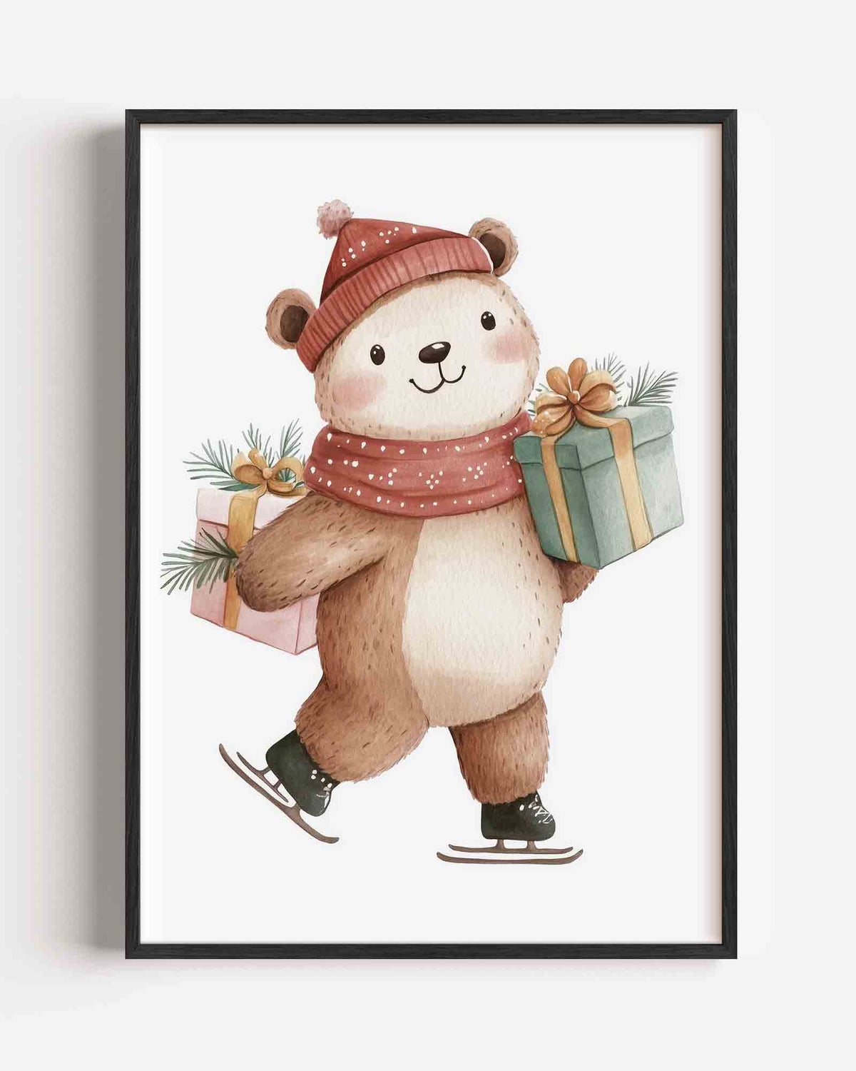 Schaatsende beer met cadeaus – kids portret poster als wanddecoratie