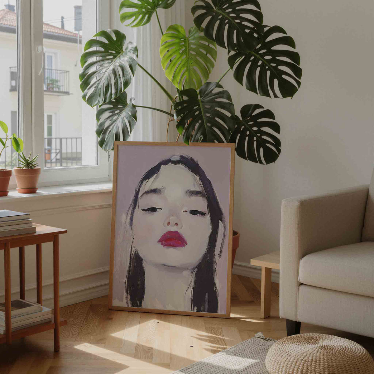 Portret met rode lippen – staande dromerige wanddecoratie van WallArtistic