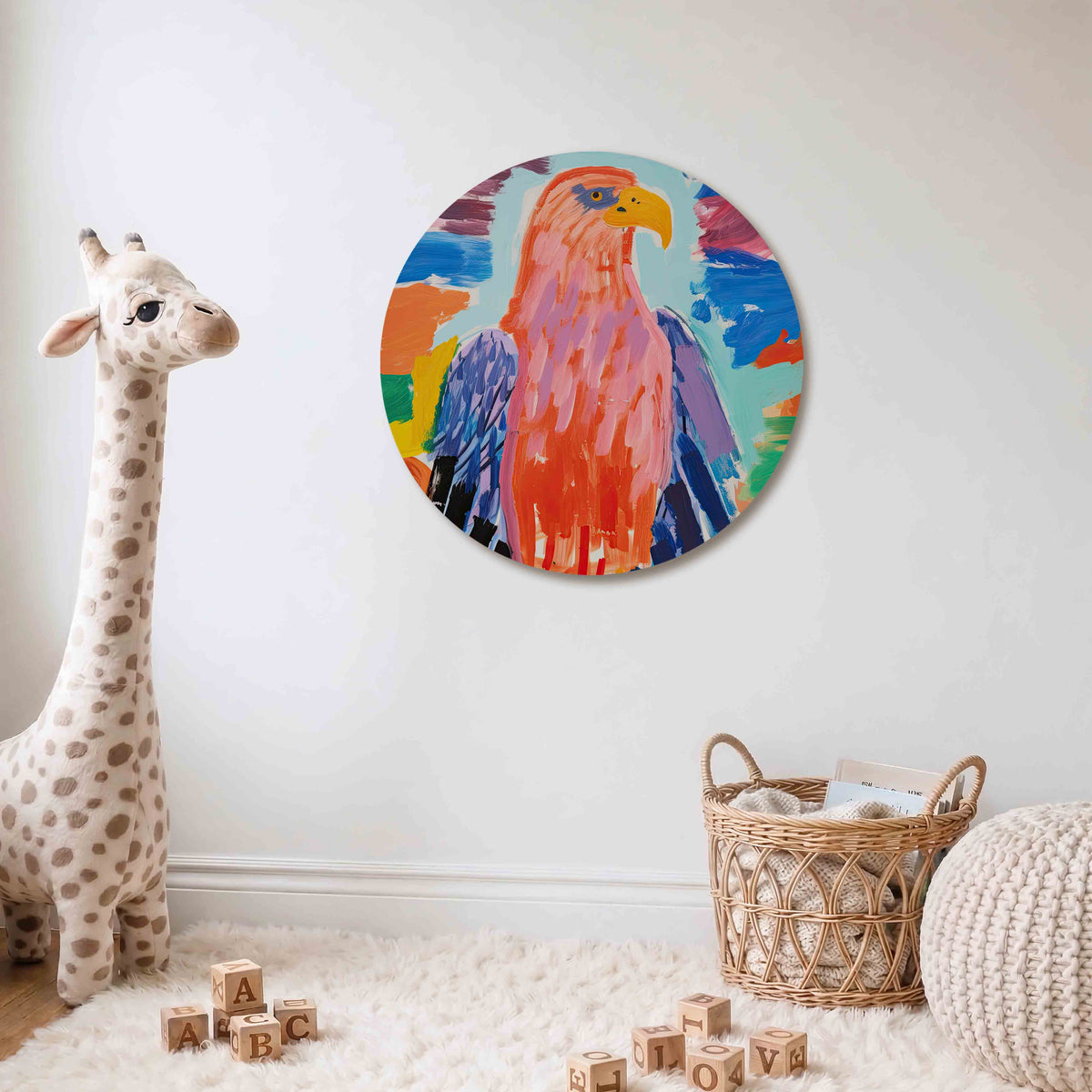 Vogel met kleurrijke veren Muurcirkel – Een vogel met een oranje snavel en kleurrijke veren in roze, blauw en oranje.