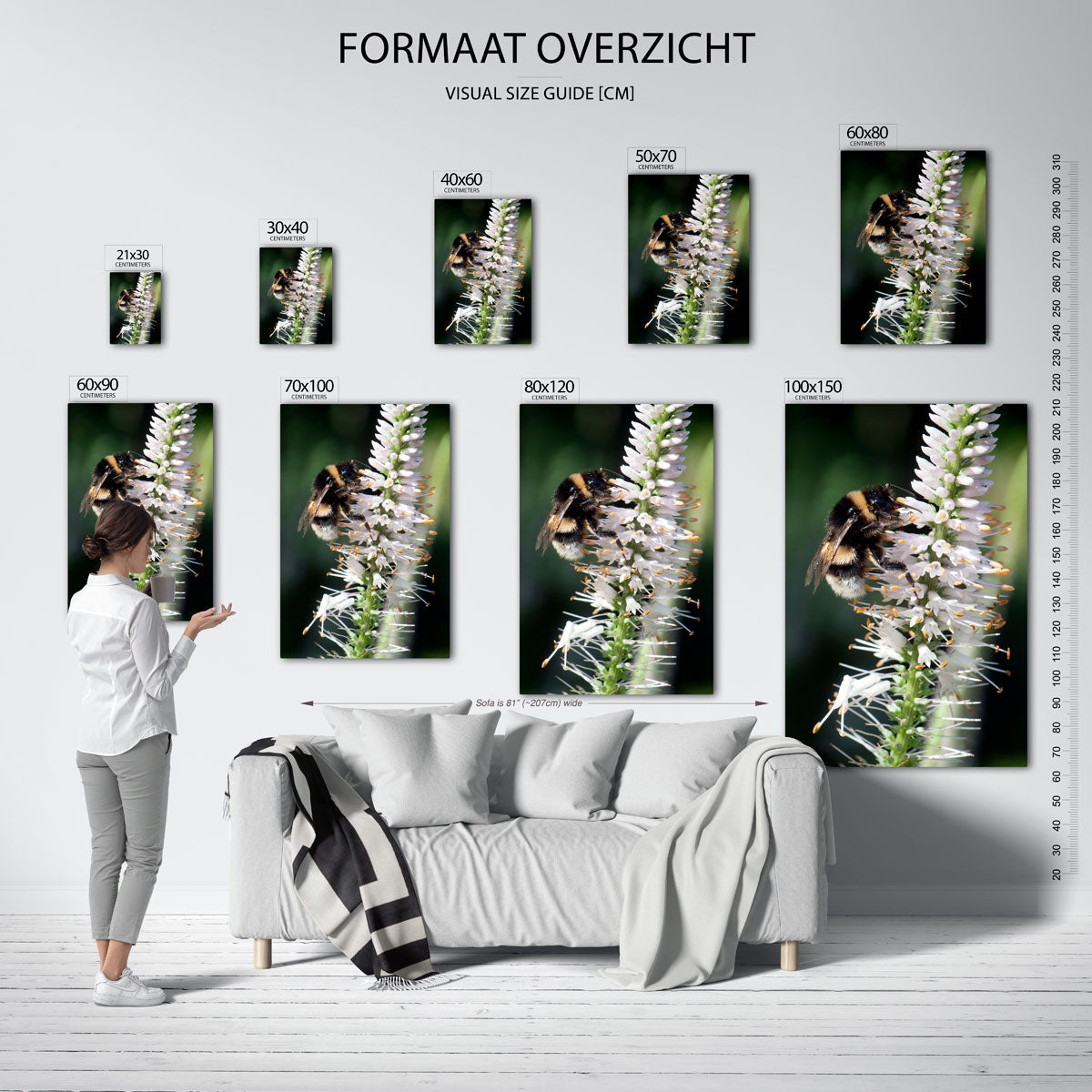 Bij op bloem poster – sfeerbeeld – een bij zit op een witte bloem met oranje meeldraden tegen een groene achtergrond. De