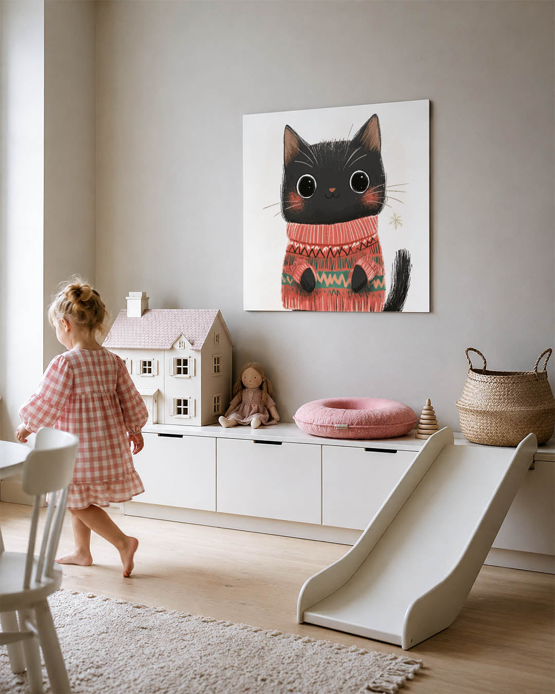 Schattige kat illustratie kunstwerk – tweede productweergave – dit werk toont een schattige kat met grote ogen in een