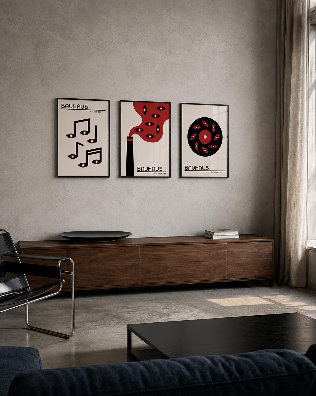 Vorm en muziek posterset – tweede productweergave – zwarte muzieknoten met rode accenten zweven op een lichte achtergrond. De