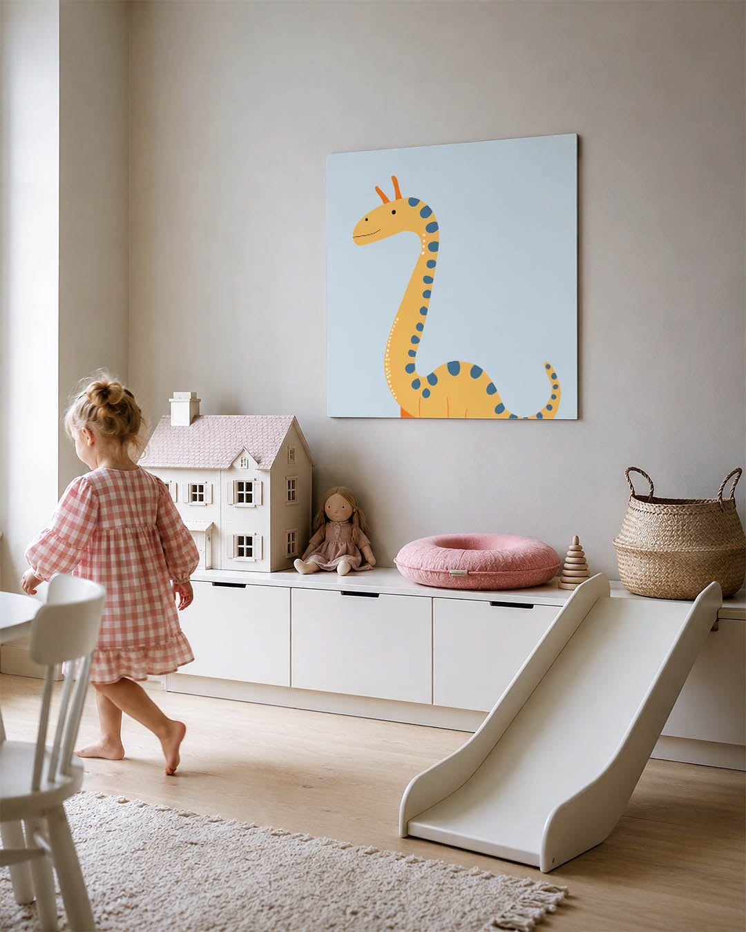 Speelse dinosaurus illustratie kunstwerk – tweede productweergave – dit kunstwerk toont een vrolijke dinosaurus met een lange