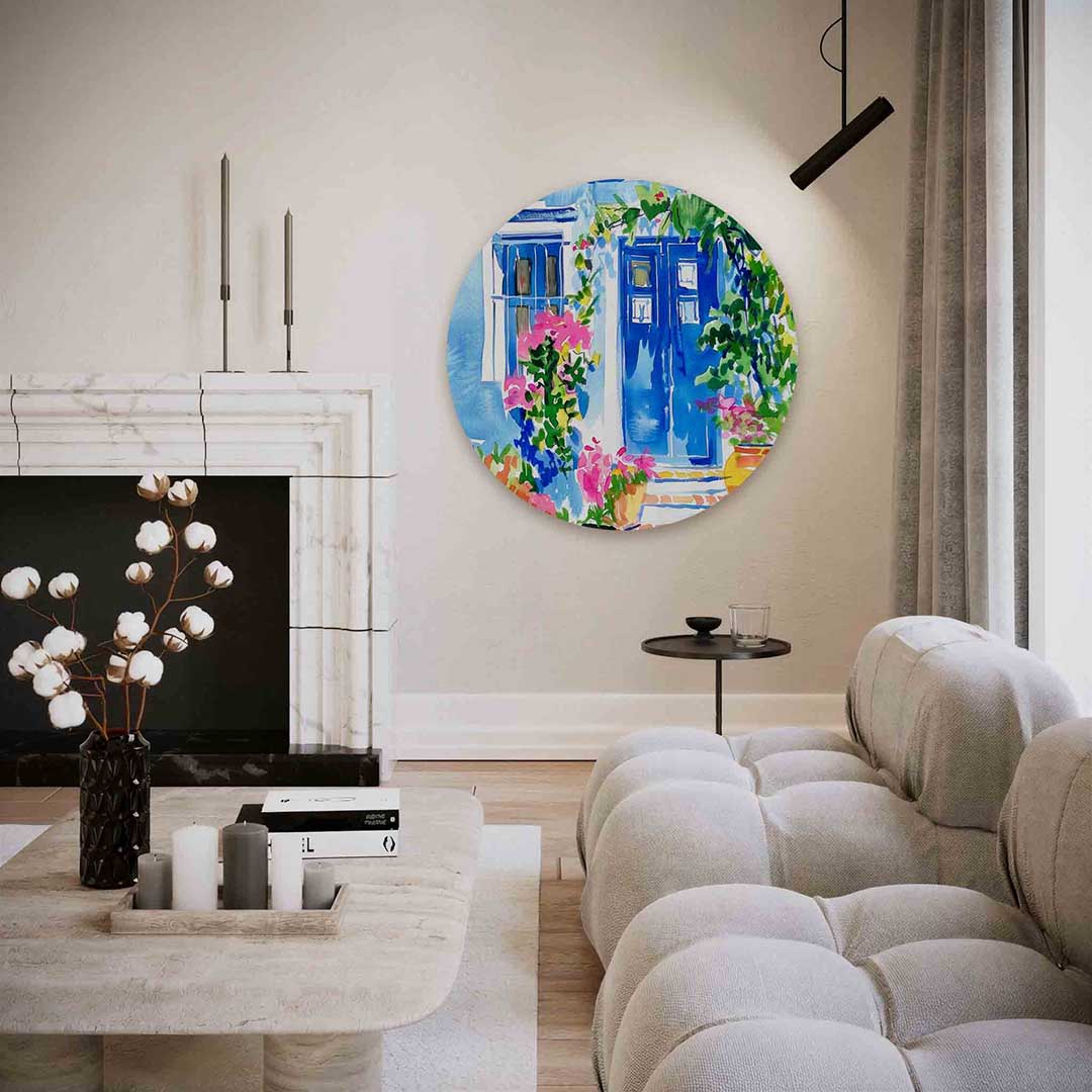 Blauwe deur met bloemen – abstracte textuur muurcirkel als wanddecoratie