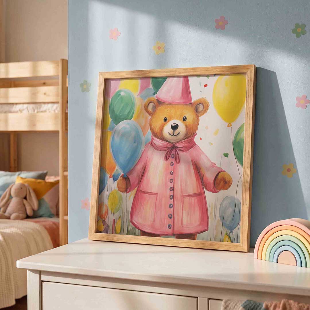 Beer met ballonnen – speelse wandkunst als vierkante kinderposter