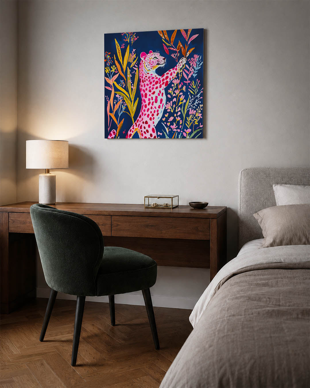 Kleurrijke dierenfantasie kunstwerk – materiaalweergave – dit werk toont een levendige compositie van een roze gevlekte