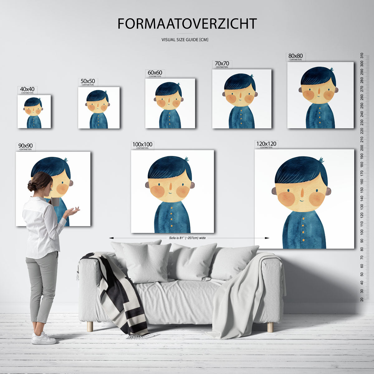 Jongen met blauwe jas – vierkante muurposter voor de kinderkamer