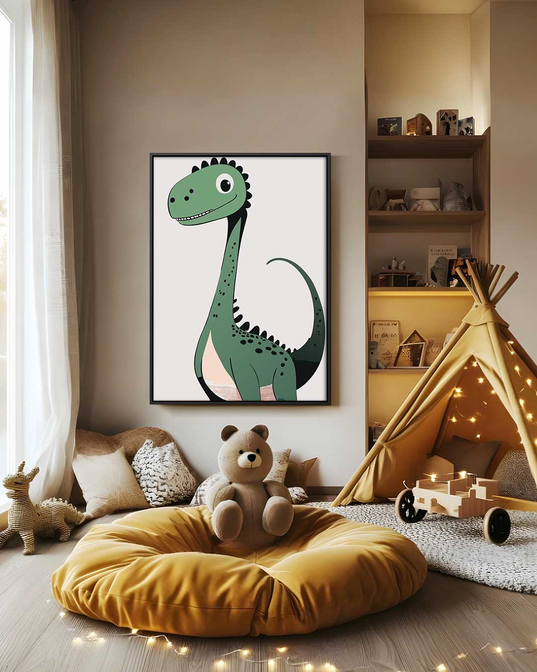 Vrolijke Dino Illustratie – modern portret kunstwerk van WallArtistic