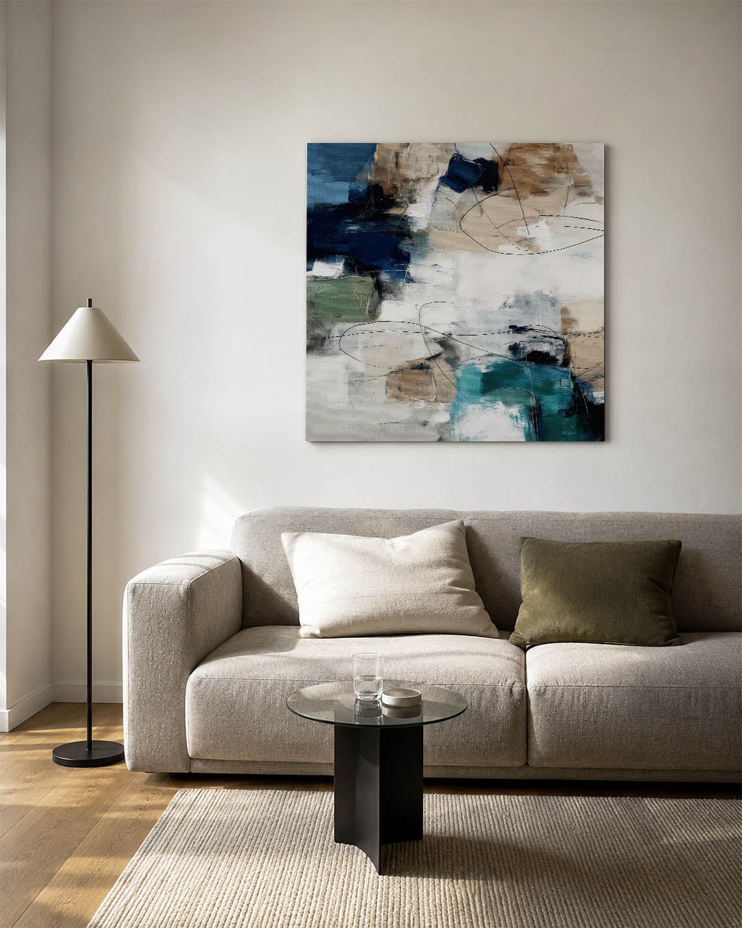 Dynamische kleurvlakken kunstwerk – vierkante wanddecoratie – dit werk toont een levendige mix van kleuren en vormen. Blauwe