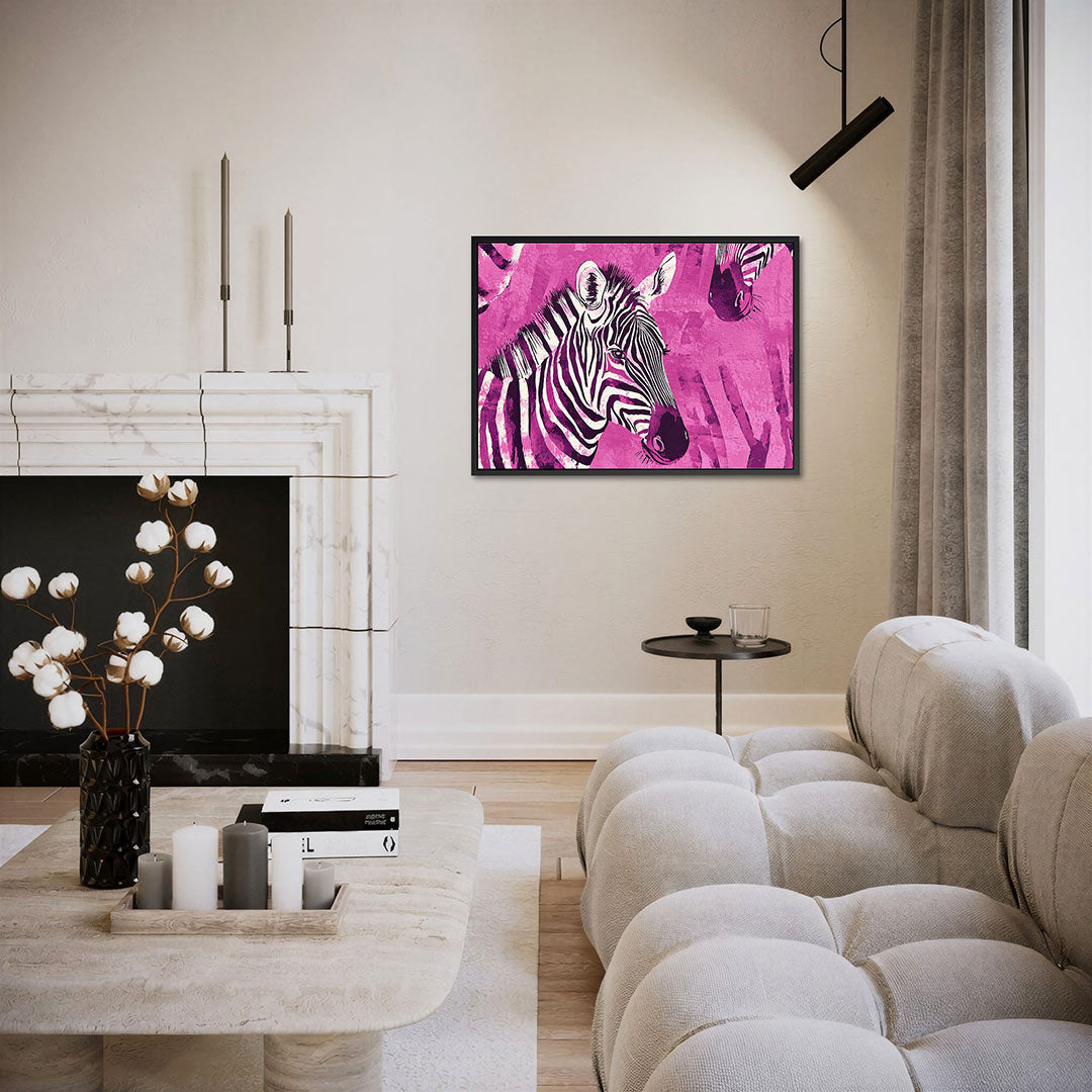 Zebra op roze achtergrond – liggende wanddecoratie