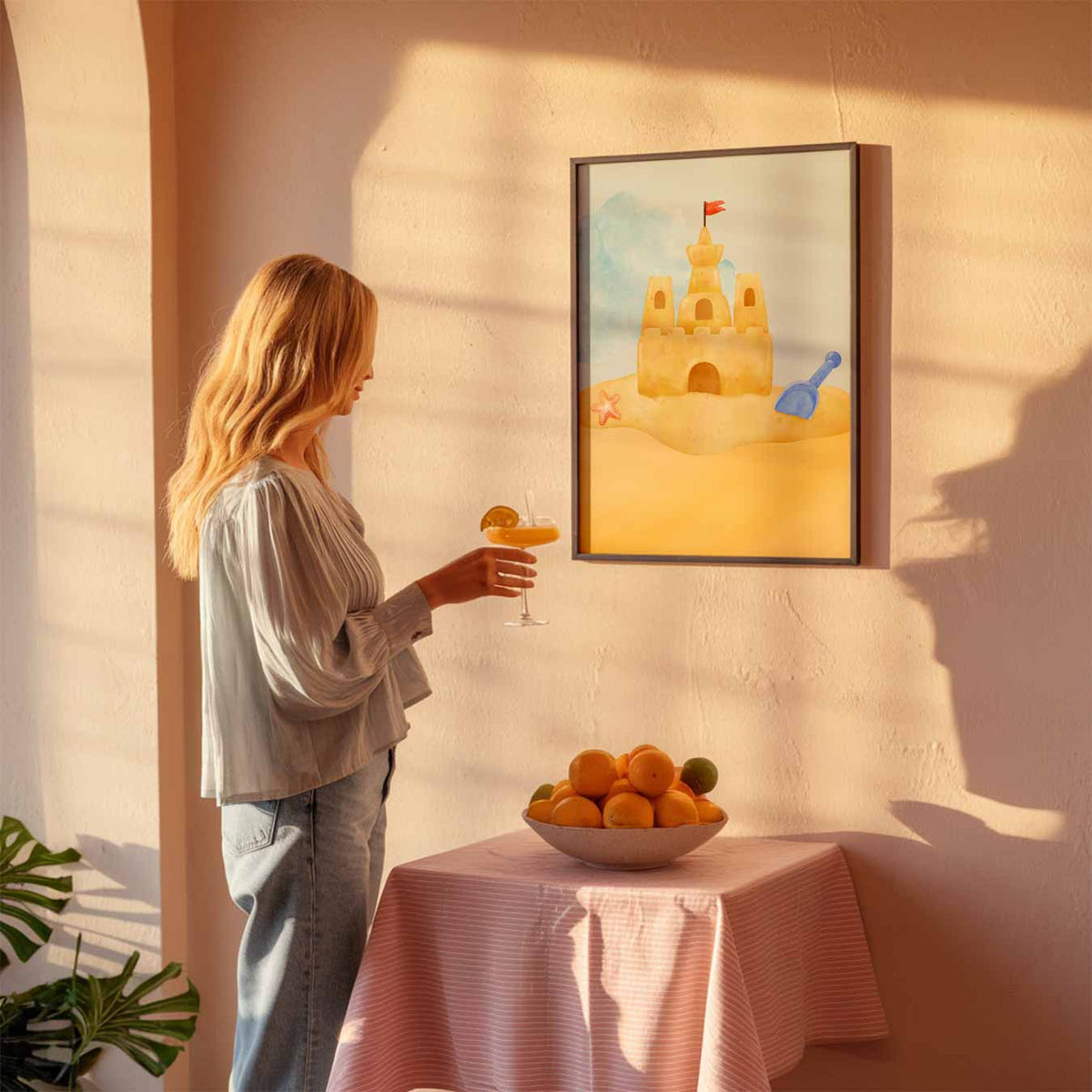 Zomers Zandkasteel Illustratie – zeedierenposter als moderne staande wanddecoratie