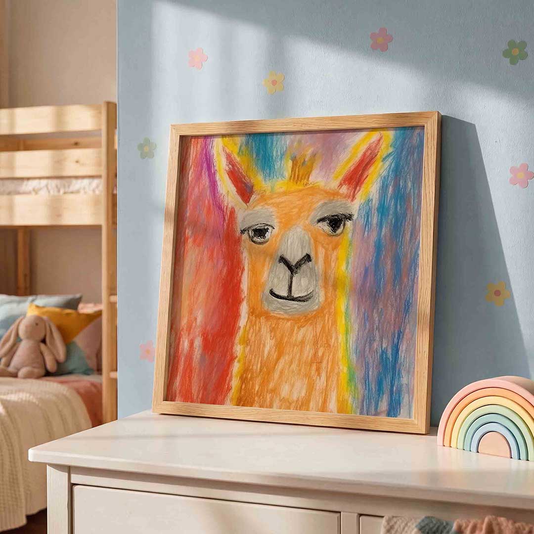 Lama met kleurrijke achtergrond – speelse wandkunst als vierkante kinderposter