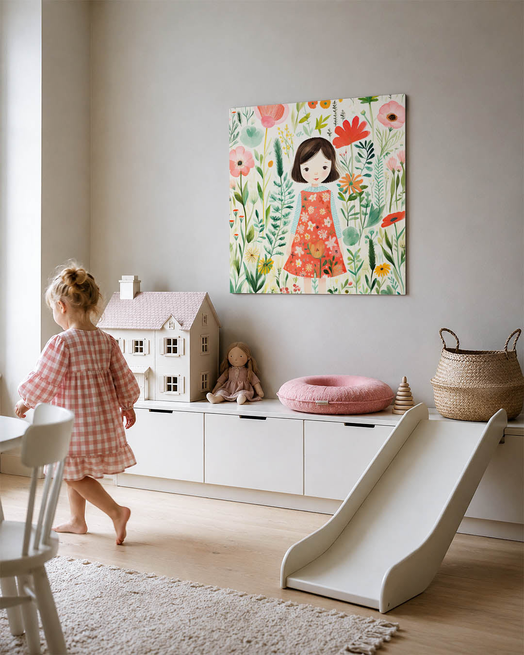 Illustratie kunstwerk – tweede productweergave – dit werk toont een meisje in een kleurrijke bloemenzee. De levendige kleuren
