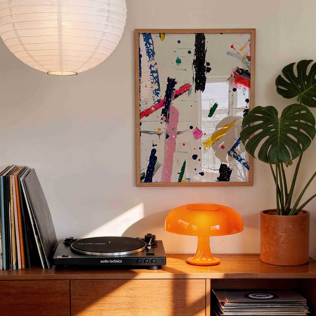 Abstracte strepen en vlekken – staande kleurrijke wanddecoratie van WallArtistic