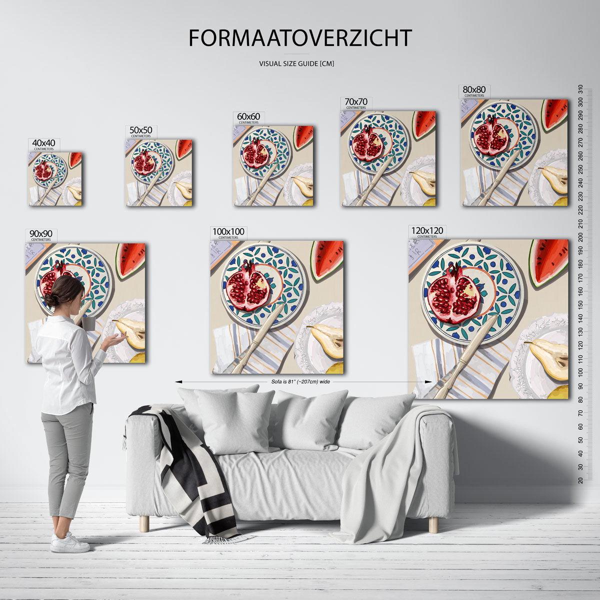Fruit en servies – vierkante muurposter voor keuken of eethoek