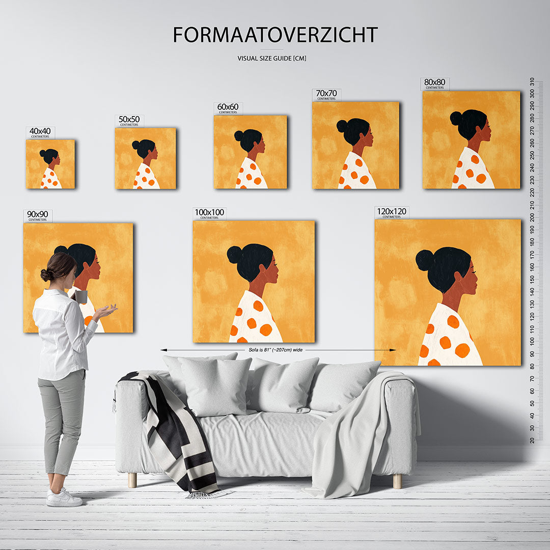 Vrouwelijk silhouet kunstwerk – dit werk toont een vrouwelijk silhouet tegen een warme achtergrond. De compositie is