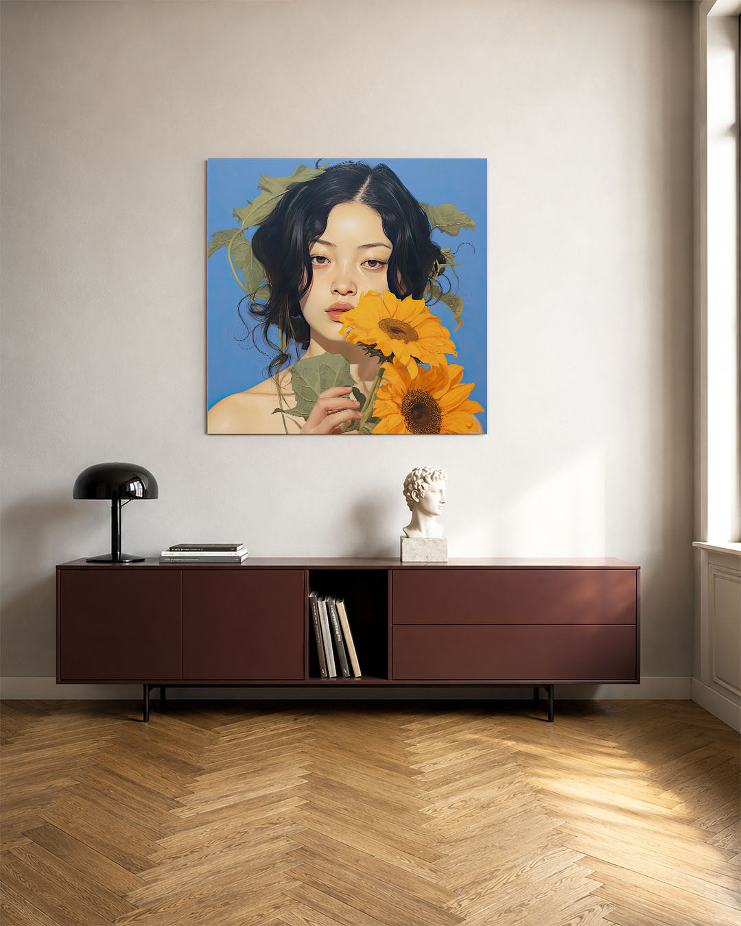 Vrouw met zonnebloemen kunstwerk – tweede productweergave – dit werk toont een vrouw met donkere haren en zonnebloemen tegen