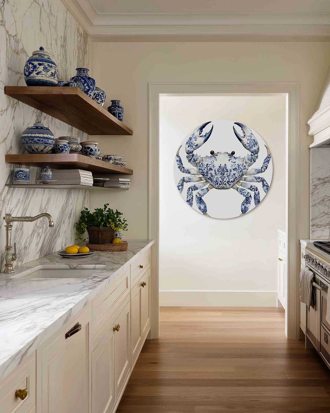 Blauw witte krab – kleurrijke Pop Art muurcirkel voor aan de muur