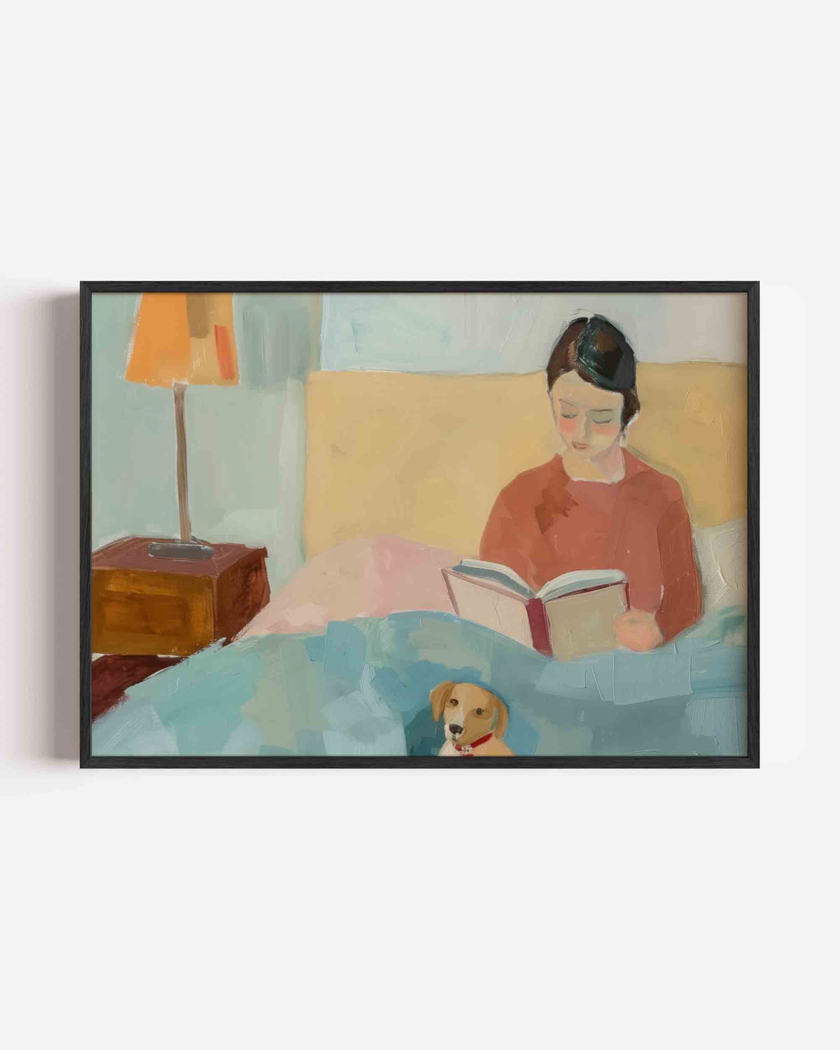Lezende vrouw met hond – hedendaagse illustratie poster in landscape formaat