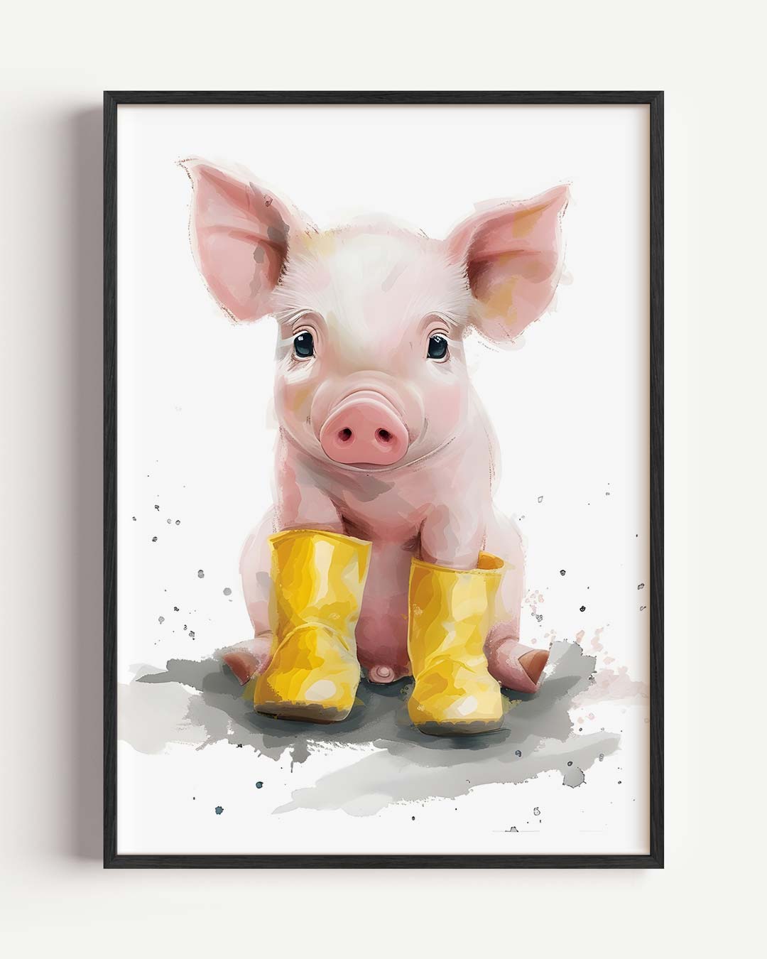 Schattig Varkentje in Gele Regenlaarsjes – kids portret poster als wanddecoratie