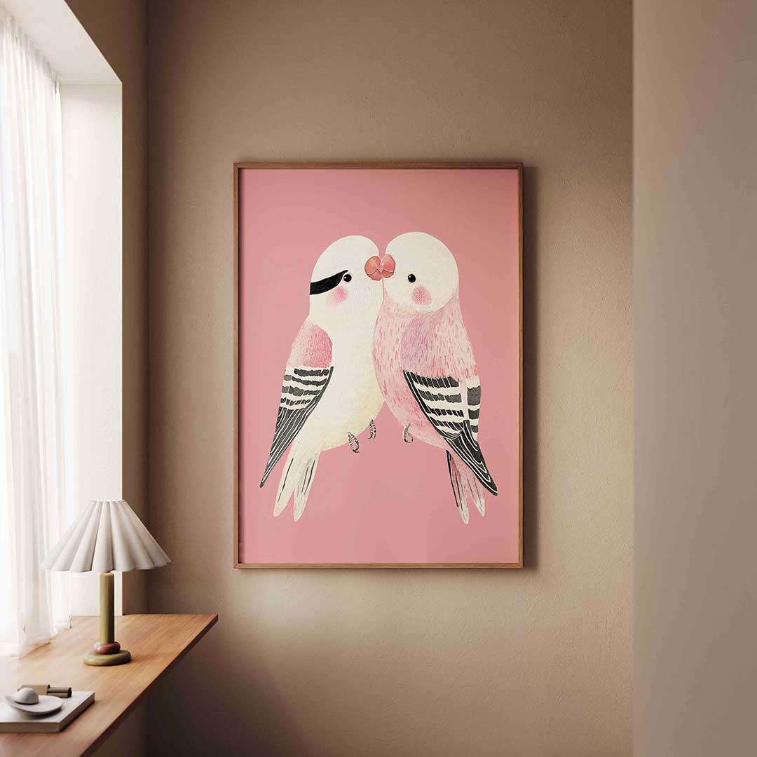 Vogels op roze – staande dieren wanddecoratie van WallArtistic
