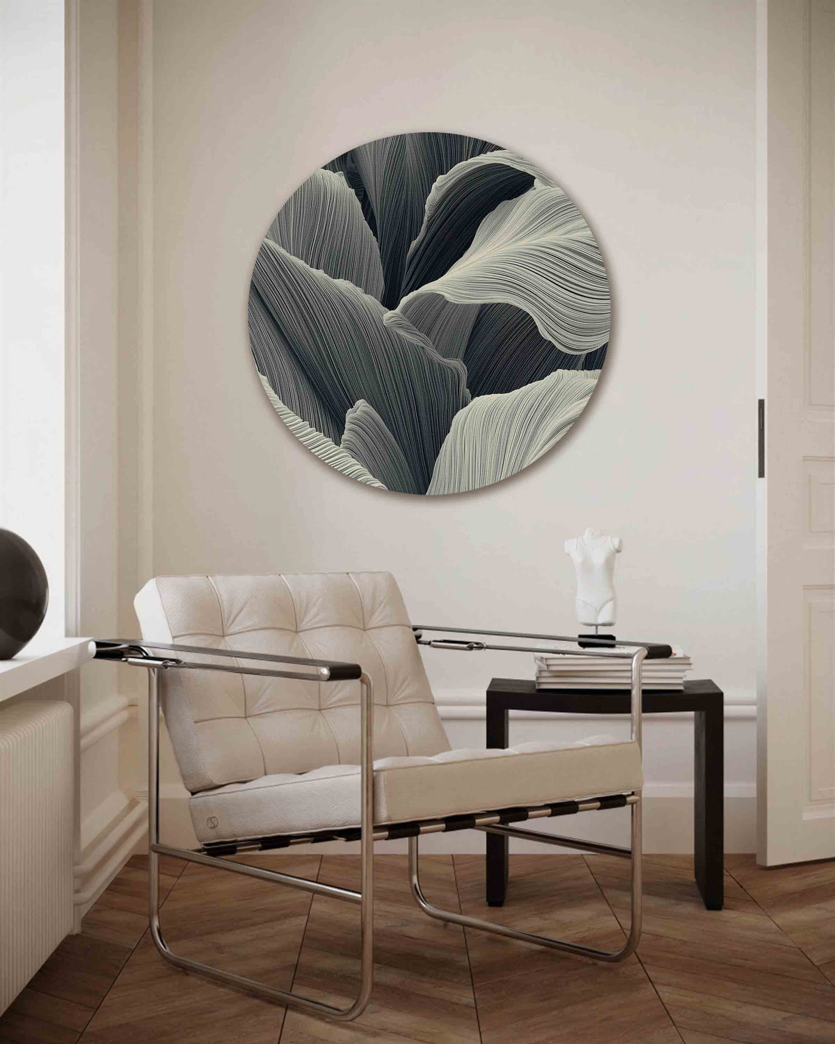 Golvende bladeren – abstracte muurcirkel als ronde wanddecoratie