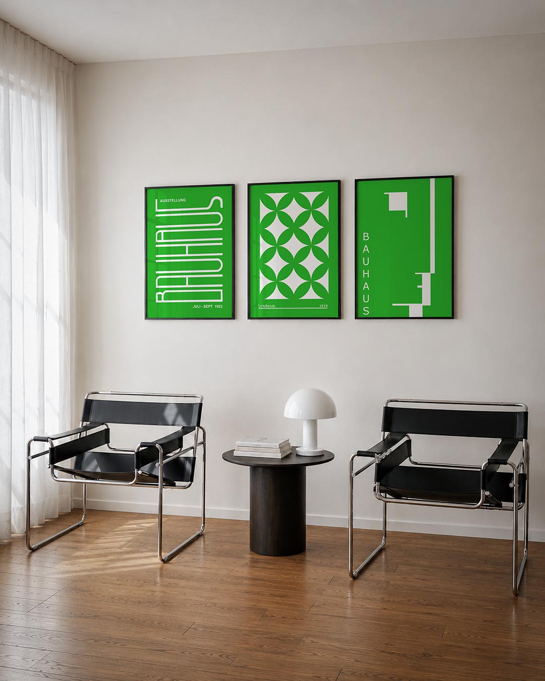Lijnen en kleurvlakken posterset – tweede productweergave – heldere groene achtergrond met witte, vloeiende lijnen die een