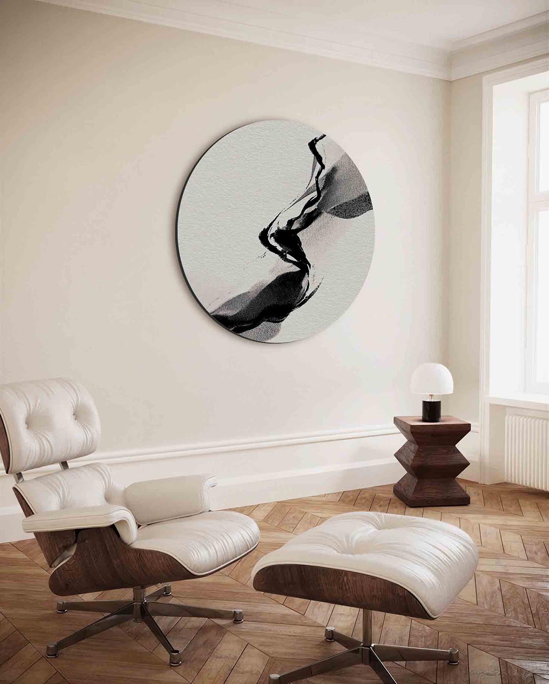 Abstracte lijnen – moderne ronde wanddecoratie met vrouwelijk portret