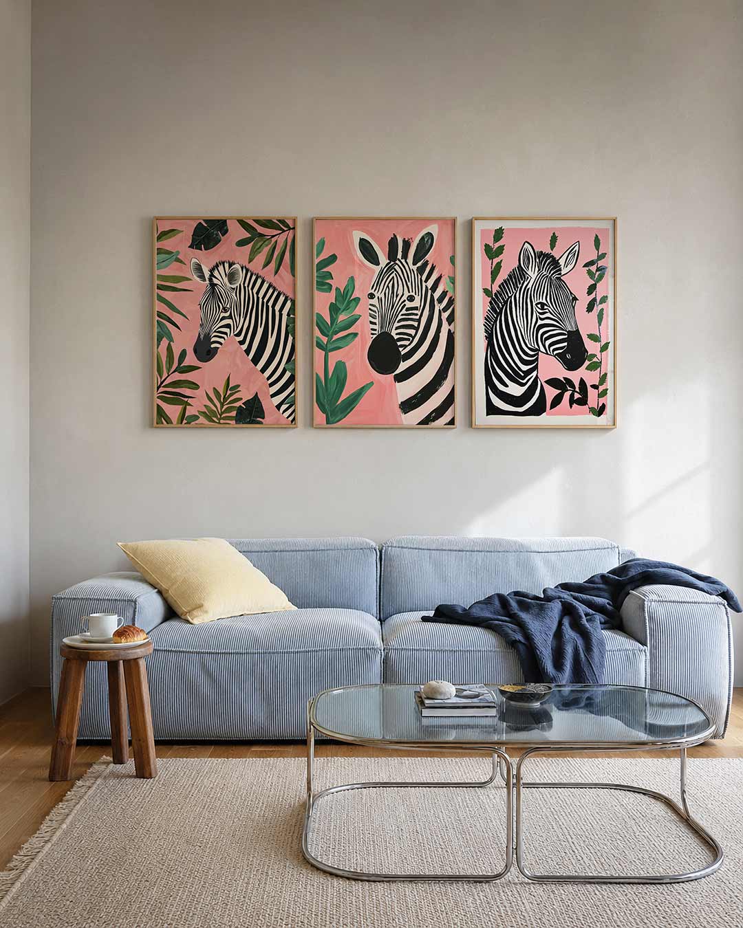 Zebra en bladeren posterset – tweede productweergave – een zebra met zwart-witte strepen omringd door groene