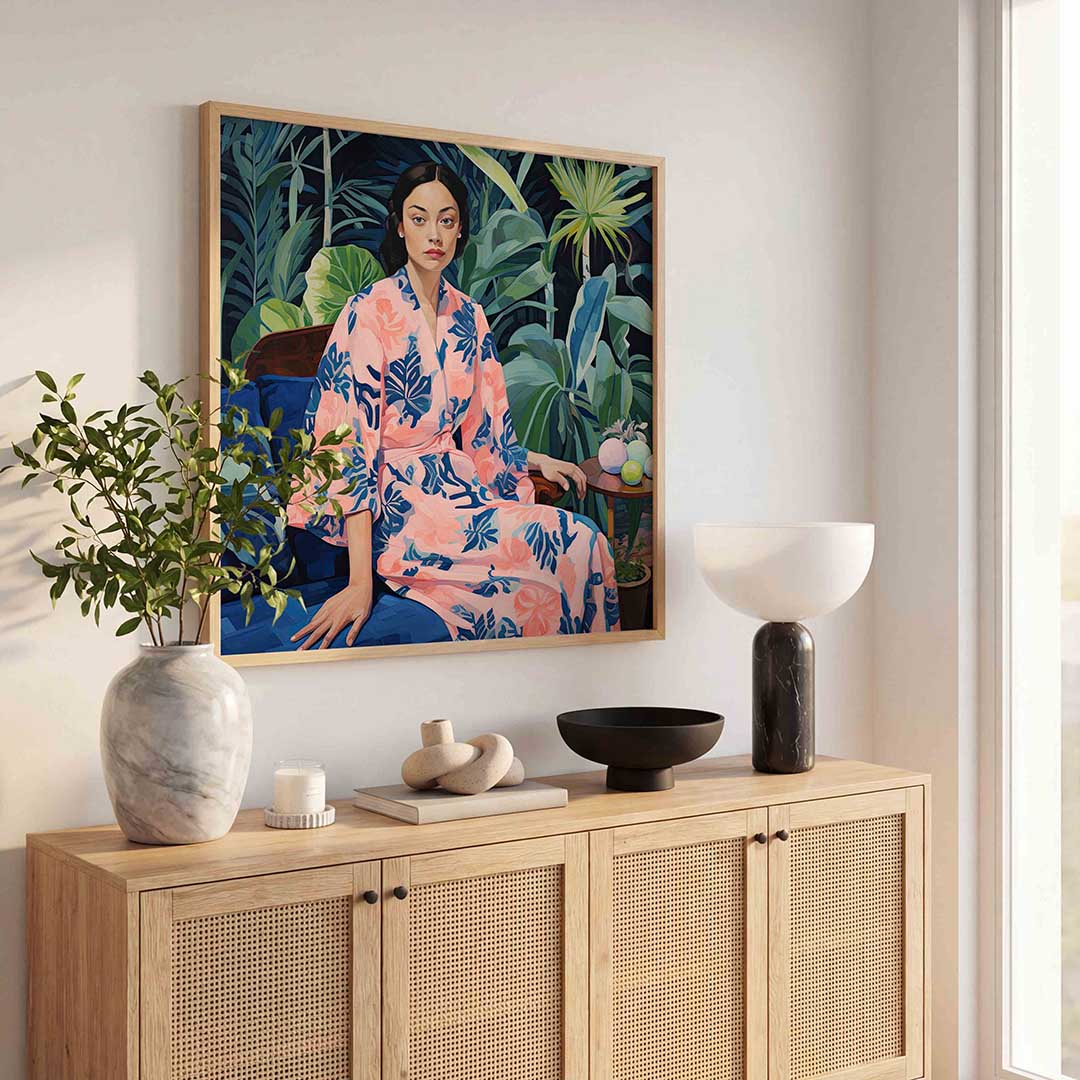 Vrouw in roze kimono – illustratie poster in vierkant formaat