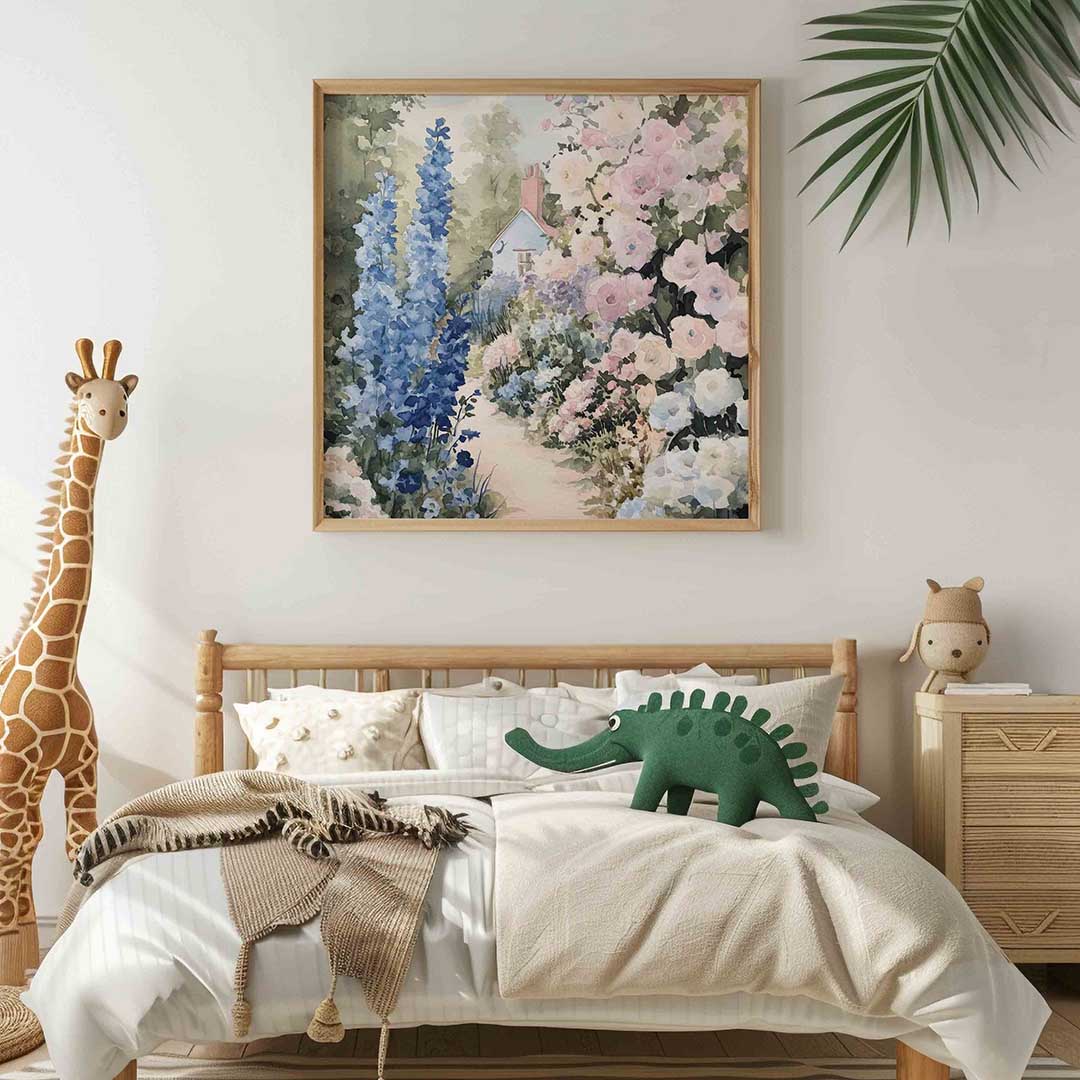 Bloementuin en huisje – vierkante kinderkamer wanddecoratie van WallArtistic