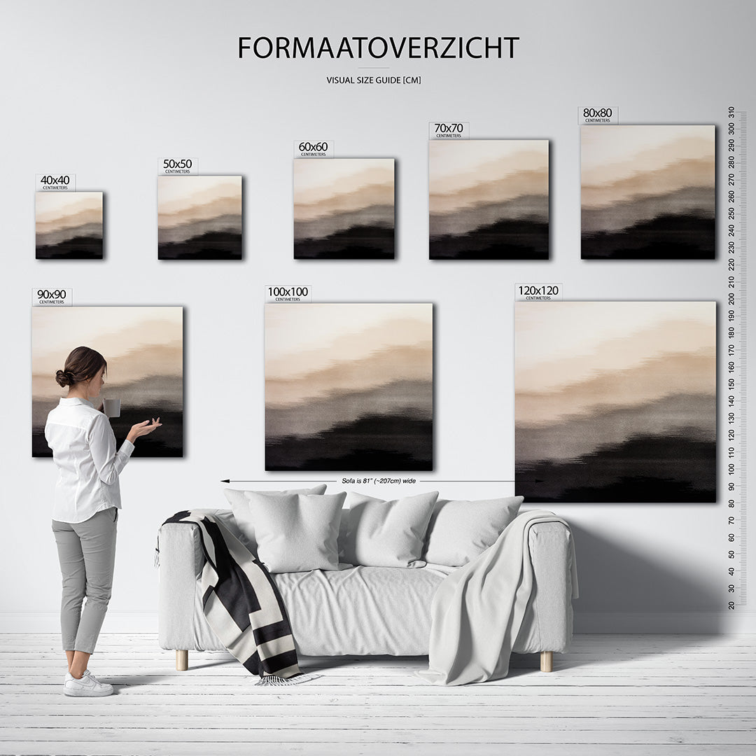 Vloeiende overgangen kunstwerk – sfeerbeeld – dit kunstwerk toont zachte, vloeiende overgangen van beige naar zwart, met een