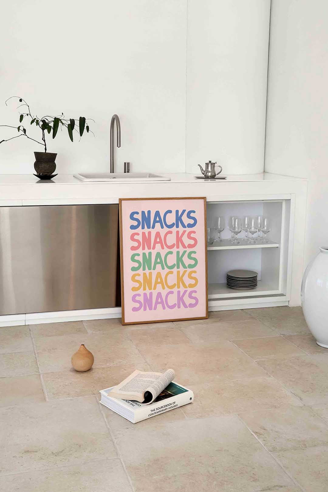 Snacks herhalende tekst – culinaire wandkunst als portret poster