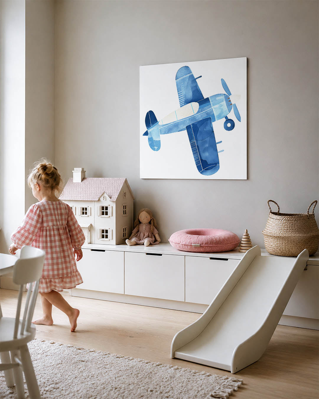 Vliegtuig illustratie kunstwerk – tweede productweergave – dit toont een vliegtuig in verschillende tinten blauw met subtiele