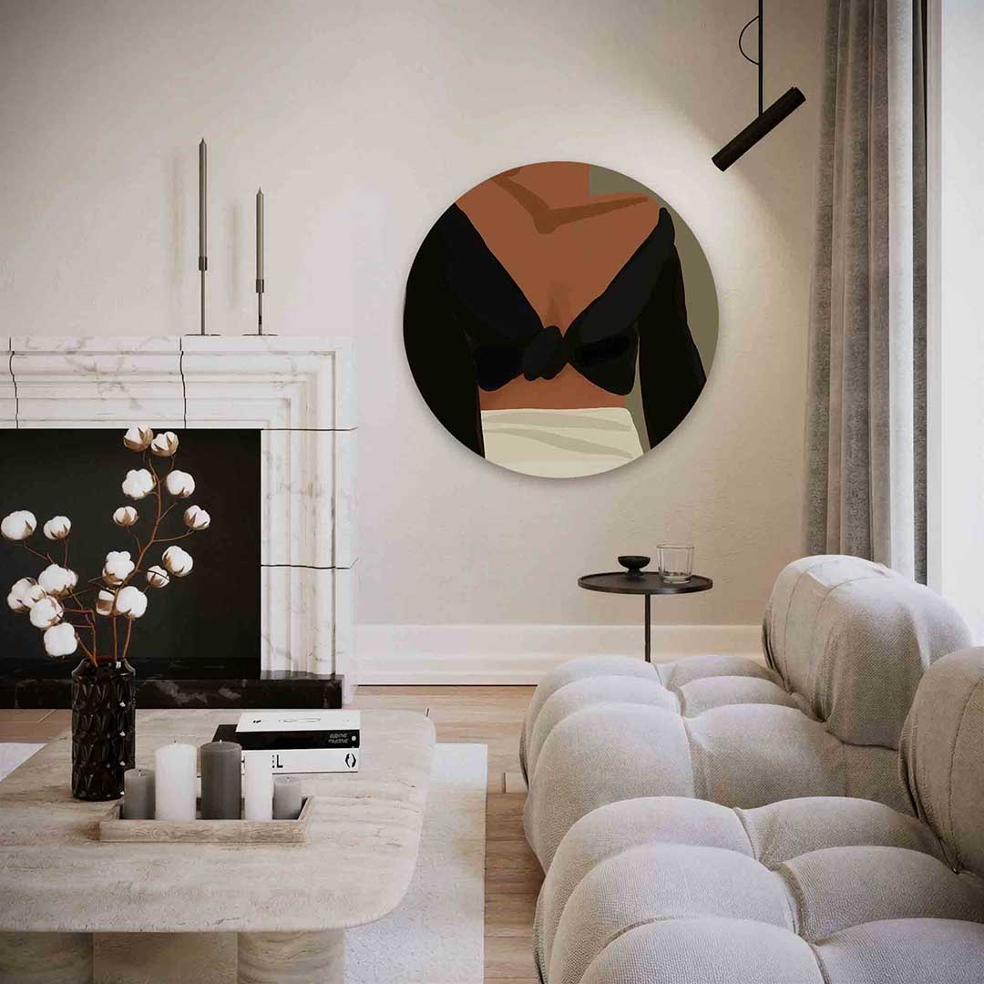 Vrouw met zwarte top – abstracte textuur muurcirkel als wanddecoratie