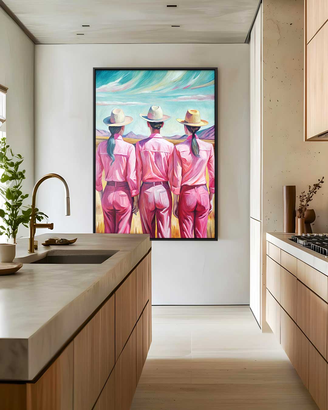 Trio in Roze Landschap – kunstwerk met zwarte baklijst