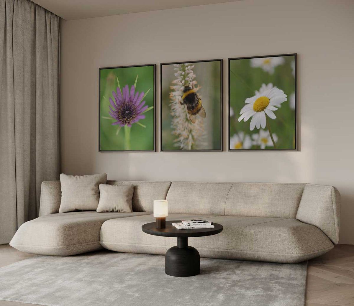 Wilde bloemen en hommel – drieluik als wanddecoratie